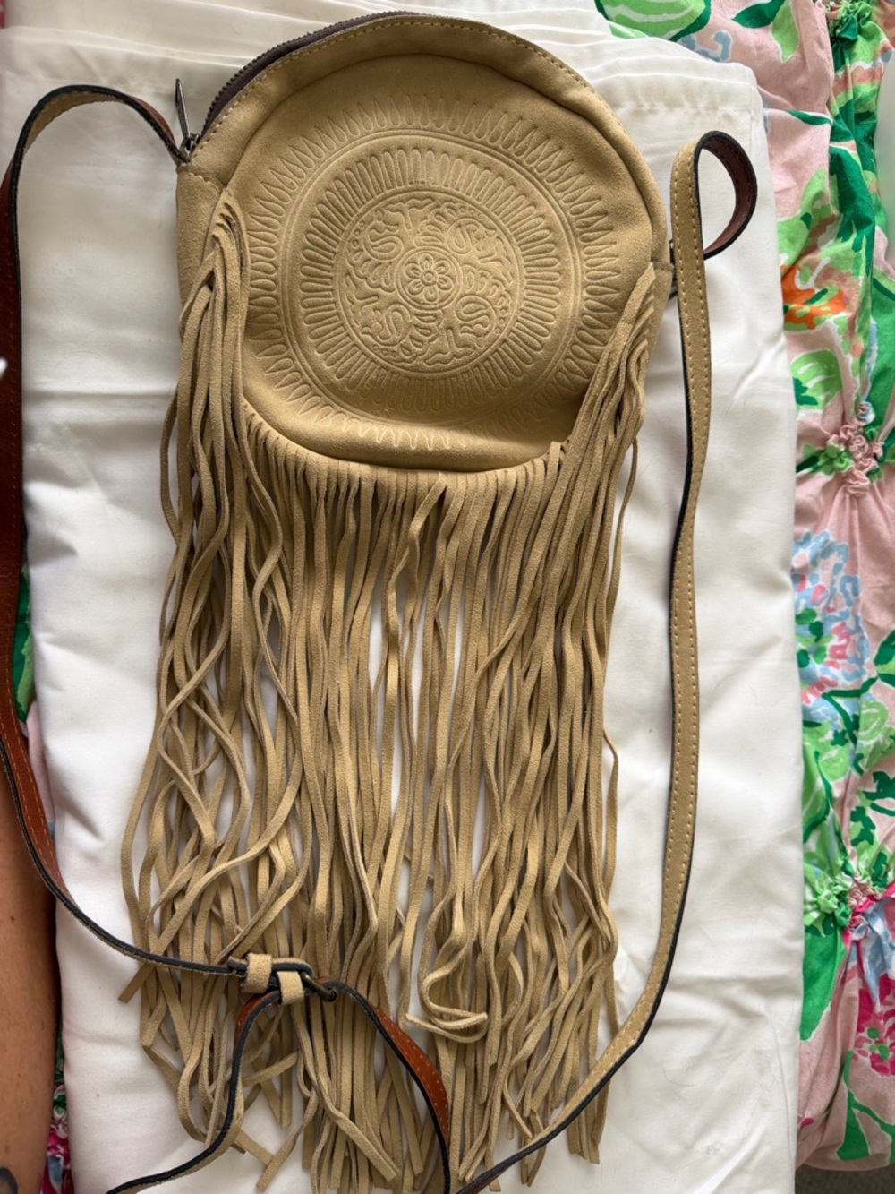 VintagePatricia Nash Fringed Tan Crossbody with Embossed Medallion Suede Leather
